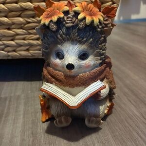 Cute fall autumn table decor reading book hedegehog leaves